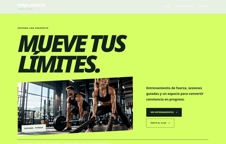 Captura real del sitio web de demostración FORJA ATHLETIC